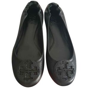Tory Burch Reva Tumbled Leather Black Flats Size 10.5